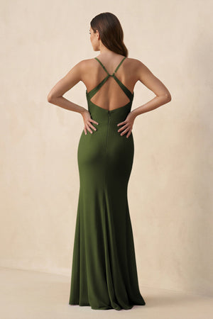 Cami Strap Sheath Chiffon Bridesmaid Dress with Slit in Olive - KISS BRIDAL Bridesmaid Dresses