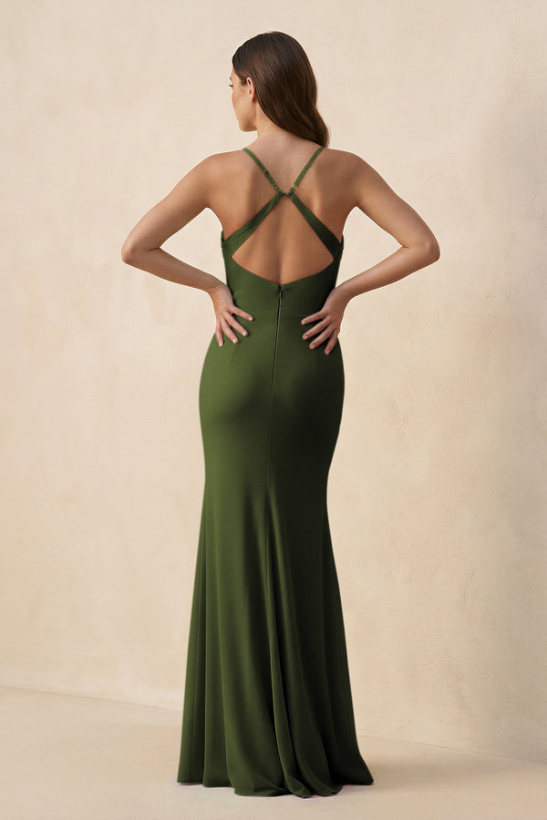 Cami Strap Sheath Chiffon Bridesmaid Dress with Slit in Olive - KISS BRIDAL Bridesmaid Dresses