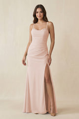 Cami Strap Sheath Chiffon Bridesmaid Dress with Slit in Pale Blush - KISS BRIDAL Bridesmaid Dresses