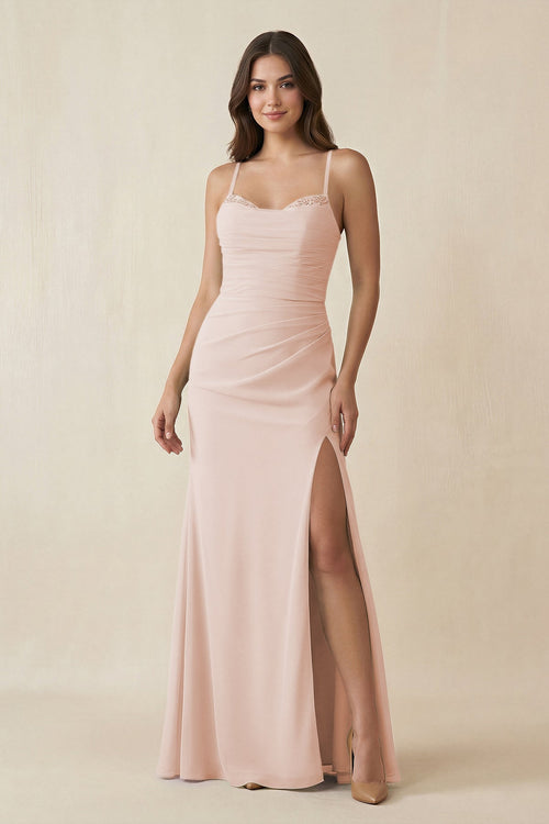 Cami Strap Sheath Chiffon Bridesmaid Dress with Slit in Pale Blush - KISS BRIDAL Bridesmaid Dresses