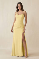 Cami Strap Sheath Chiffon Bridesmaid Dress with Slit in Pastel Yellow - KISS BRIDAL Bridesmaid Dresses