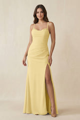 Cami Strap Sheath Chiffon Bridesmaid Dress with Slit in Pastel Yellow - KISS BRIDAL Bridesmaid Dresses