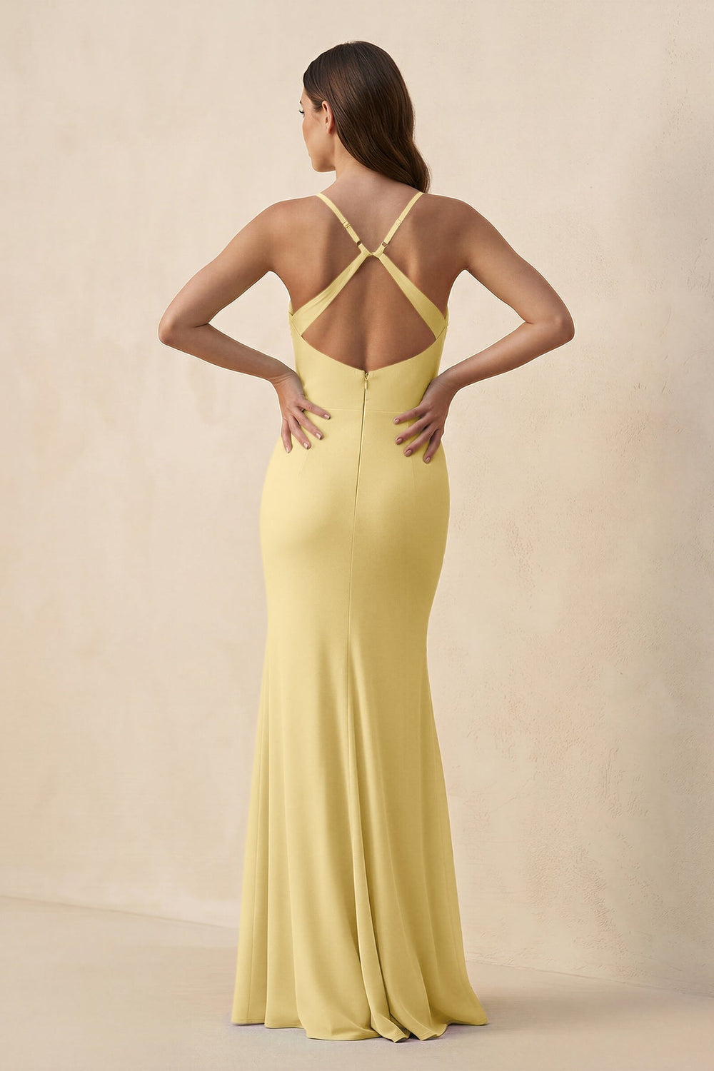 Cami Strap Sheath Chiffon Bridesmaid Dress with Slit in Pastel Yellow - KISS BRIDAL Bridesmaid Dresses