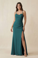 Cami Strap Sheath Chiffon Bridesmaid Dress with Slit in Pine - KISS BRIDAL Bridesmaid Dresses
