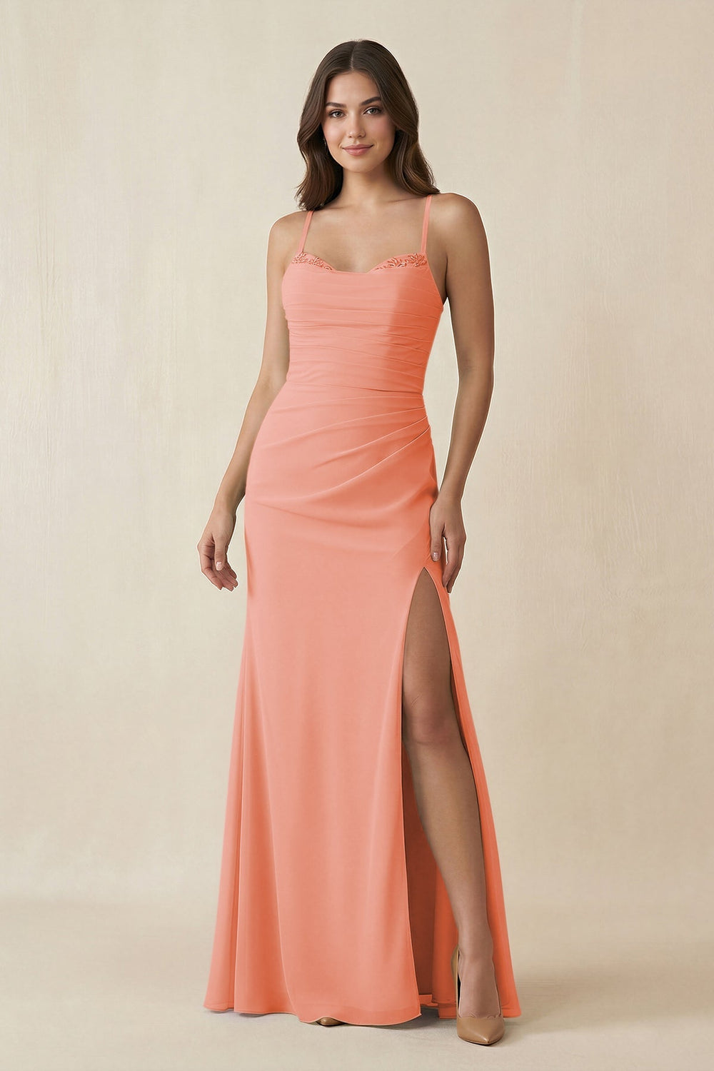 Cami Strap Sheath Chiffon Bridesmaid Dress with Slit in Rosette - KISS BRIDAL Bridesmaid Dresses