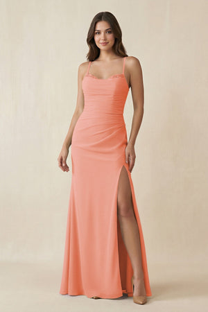 Cami Strap Sheath Chiffon Bridesmaid Dress with Slit in Rosette - KISS BRIDAL Bridesmaid Dresses