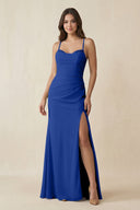 Cami Strap Sheath Chiffon Bridesmaid Dress with Slit in Royal Blue - KISS BRIDAL Bridesmaid Dresses
