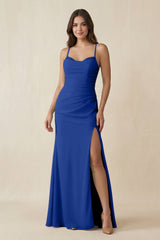 Cami Strap Sheath Chiffon Bridesmaid Dress with Slit in Royal Blue - KISS BRIDAL Bridesmaid Dresses
