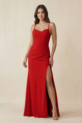 Cami Strap Sheath Chiffon Bridesmaid Dress with Slit in Ruby Red - KISS BRIDAL Bridesmaid Dresses