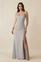 Cami Strap Sheath Chiffon Bridesmaid Dress with Slit in Silver - KISS BRIDAL Bridesmaid Dresses