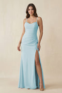 Cami Strap Sheath Chiffon Bridesmaid Dress with Slit in Sky Blue - KISS BRIDAL Bridesmaid Dresses