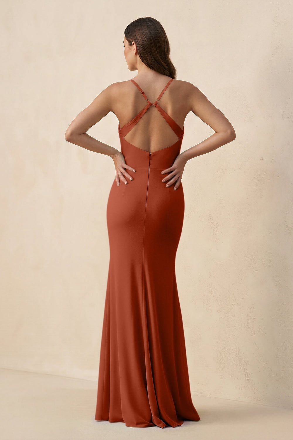 Cami Strap Sheath Chiffon Bridesmaid Dress with Slit in Spice - KISS BRIDAL Bridesmaid Dresses