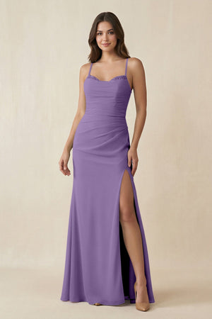 Cami Strap Sheath Chiffon Bridesmaid Dress with Slit in Tahiti - KISS BRIDAL Bridesmaid Dresses
