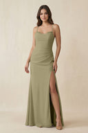 Cami Strap Sheath Chiffon Bridesmaid Dress with Slit in Thyme - KISS BRIDAL Bridesmaid Dresses