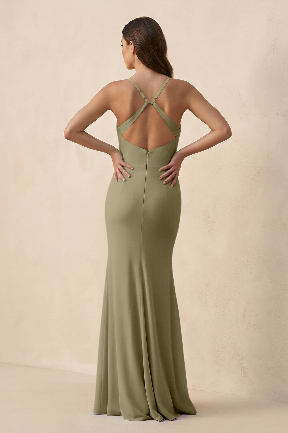 Cami Strap Sheath Chiffon Bridesmaid Dress with Slit in Thyme - KISS BRIDAL Bridesmaid Dresses