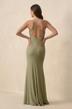 Cami Strap Sheath Chiffon Bridesmaid Dress with Slit in Thyme - KISS BRIDAL Bridesmaid Dresses