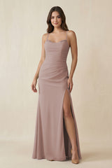 Cami Strap Sheath Chiffon Bridesmaid Dress with Slit in Toffee - KISS BRIDAL Bridesmaid Dresses