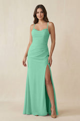 Cami Strap Sheath Chiffon Bridesmaid Dress with Slit in Turquoise - KISS BRIDAL Bridesmaid Dresses