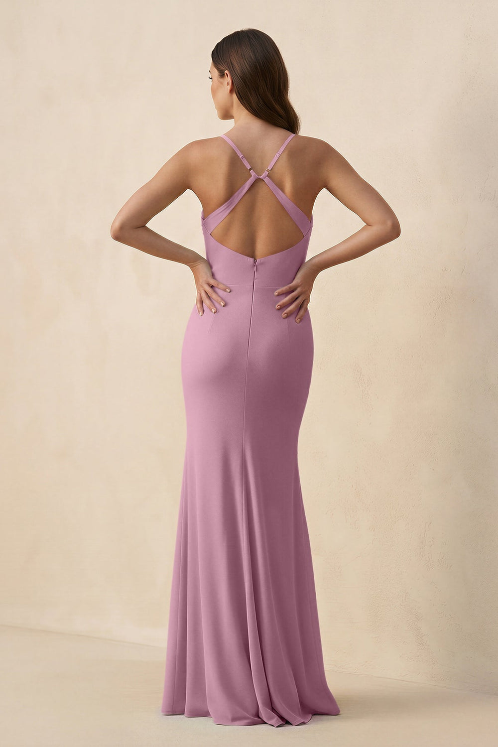 Cami Strap Sheath Chiffon Bridesmaid Dress with Slit in Vintage Mauve - KISS BRIDAL Bridesmaid Dresses