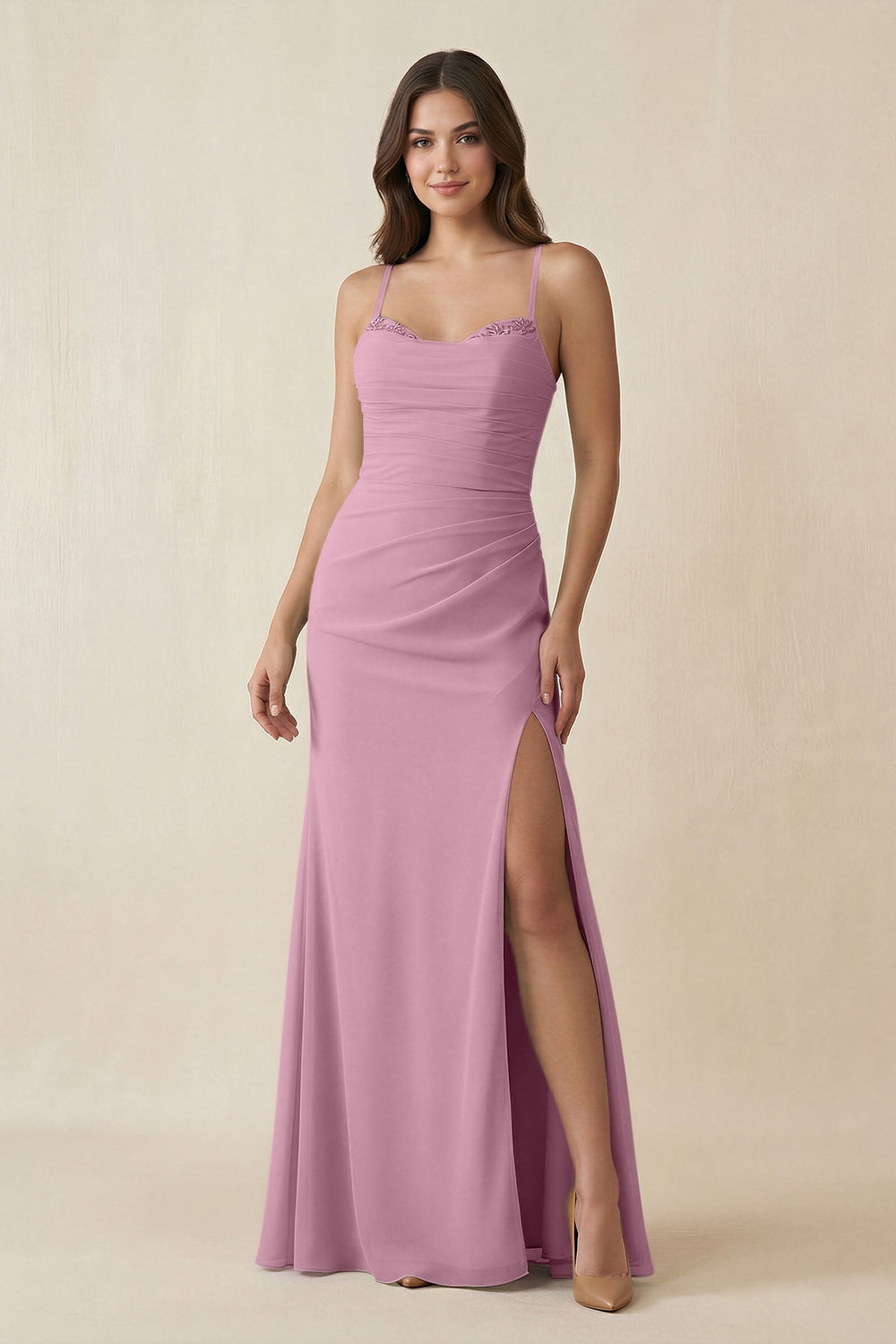 Cami Strap Sheath Chiffon Bridesmaid Dress with Slit in Vintage Mauve - KISS BRIDAL Bridesmaid Dresses