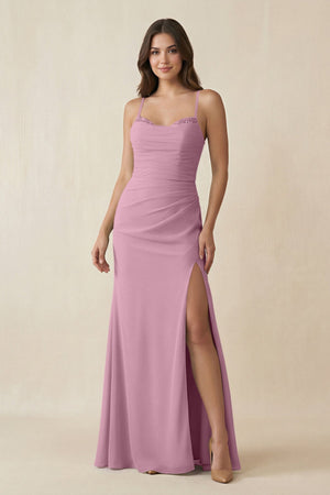Cami Strap Sheath Chiffon Bridesmaid Dress with Slit in Vintage Mauve - KISS BRIDAL Bridesmaid Dresses