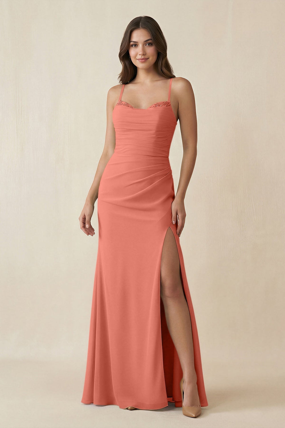 Cami Strap Sheath Chiffon Bridesmaid Dress with Slit in Wild Rose - KISS BRIDAL Bridesmaid Dresses