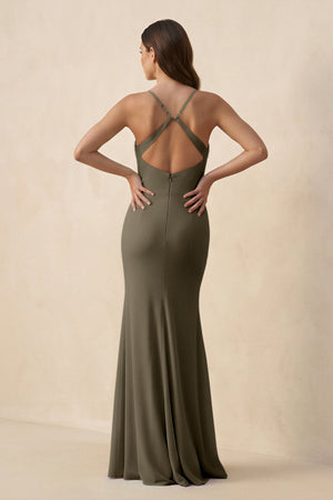 Cami Strap Sheath Chiffon Bridesmaid Dress with Slit in Willow Green - KISS BRIDAL Bridesmaid Dresses