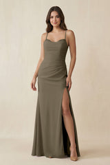 Cami Strap Sheath Chiffon Bridesmaid Dress with Slit in Willow Green - KISS BRIDAL Bridesmaid Dresses