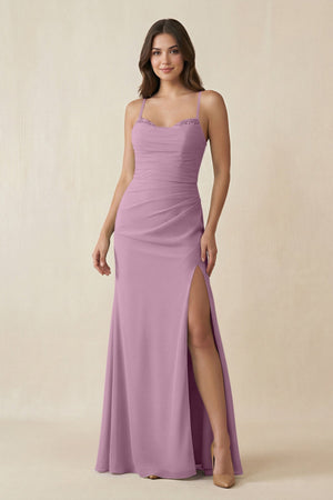 Cami Strap Sheath Chiffon Bridesmaid Dress with Slit in Wisteria - SHE IS ME Bridesmaid Dresses