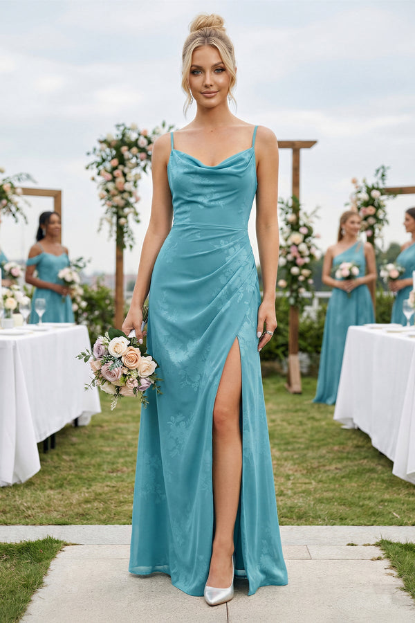 Cami Strap Sheath Floral Chiffon Bridesmaid Dress With Slit in Adriatic Blue - SHE IS ME Bridesmaid Dresses