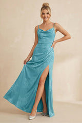 Cami Strap Sheath Floral Chiffon Bridesmaid Dress With Slit in Adriatic Blue - KISS BRIDAL Bridesmaid Dresses