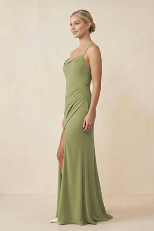 Cami Strap Sheath Ruched Bridesmaid Dress With Slit - KISS BRIDAL Bridesmaid Dresses