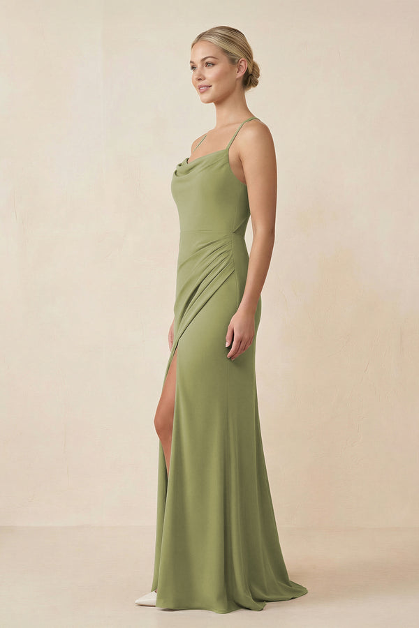 Cami Strap Sheath Ruched Bridesmaid Dress With Slit - KISS BRIDAL Bridesmaid Dresses