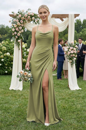 Cami Strap Sheath Ruched Bridesmaid Dress With Slit - KISS BRIDAL Bridesmaid Dresses