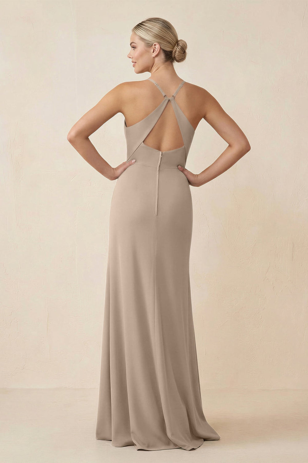 Cami Strap Sheath Ruched Bridesmaid Dress With Slit in Almond - KISS BRIDAL Bridesmaid Dresses