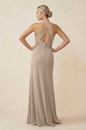 Cami Strap Sheath Ruched Bridesmaid Dress With Slit in Almond - SHE IS ME Bridesmaid Dresses