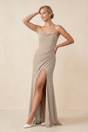 Cami Strap Sheath Ruched Bridesmaid Dress With Slit in Almond - SHE IS ME Bridesmaid Dresses