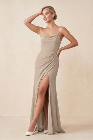 Cami Strap Sheath Ruched Bridesmaid Dress With Slit in Almond - SHE IS ME Bridesmaid Dresses