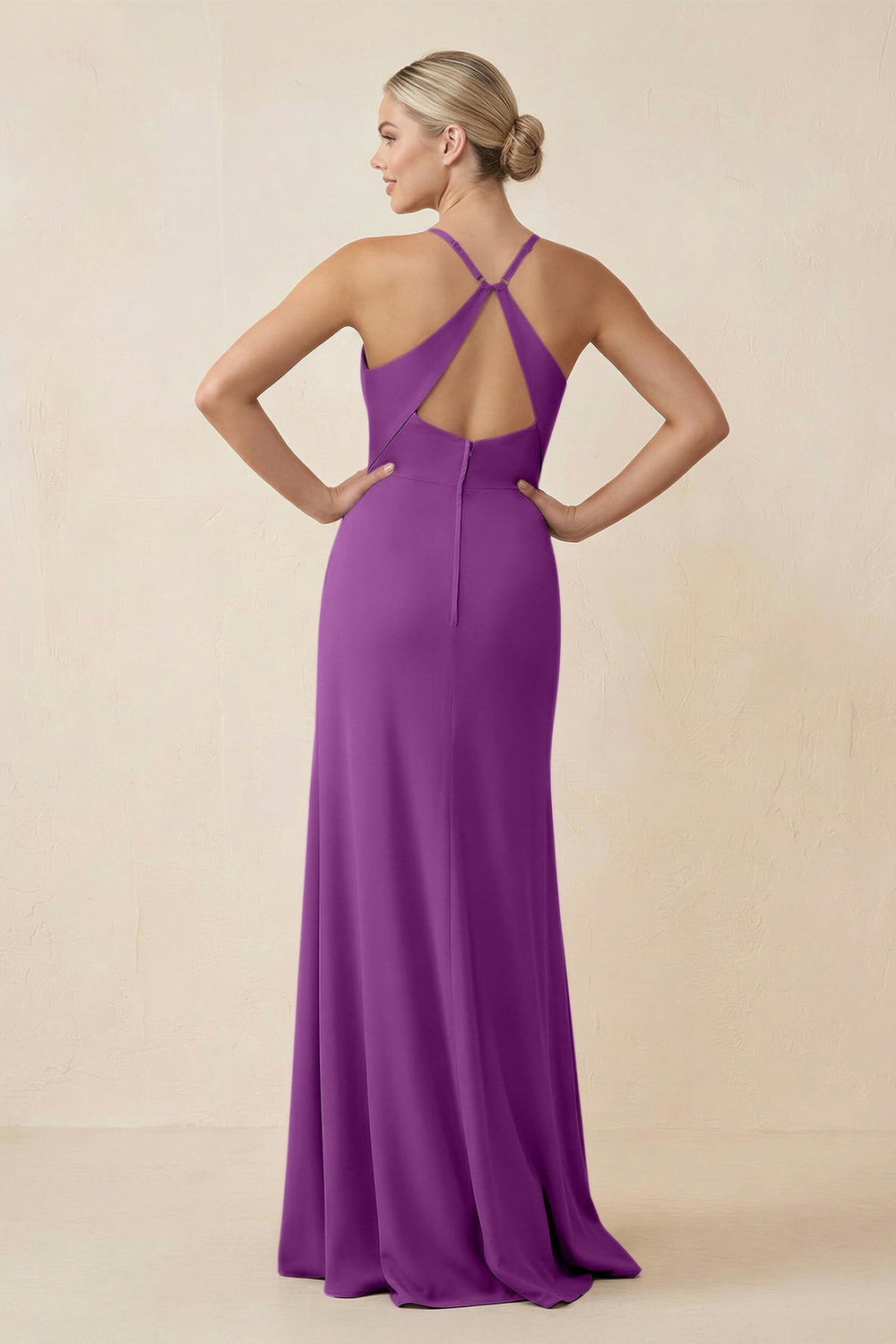 Cami Strap Sheath Ruched Bridesmaid Dress With Slit in Amethyst - KISS BRIDAL Bridesmaid Dresses