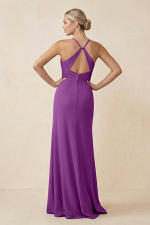 Cami Strap Sheath Ruched Bridesmaid Dress With Slit in Amethyst - SHE IS ME Bridesmaid Dresses