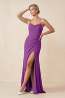 Cami Strap Sheath Ruched Bridesmaid Dress With Slit in Amethyst - SHE IS ME Bridesmaid Dresses