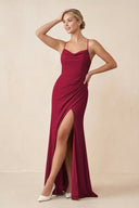 Cami Strap Sheath Ruched Bridesmaid Dress With Slit in Berry - SHE IS ME Bridesmaid Dresses