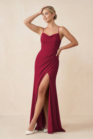 Cami Strap Sheath Ruched Bridesmaid Dress With Slit in Berry - SHE IS ME Bridesmaid Dresses