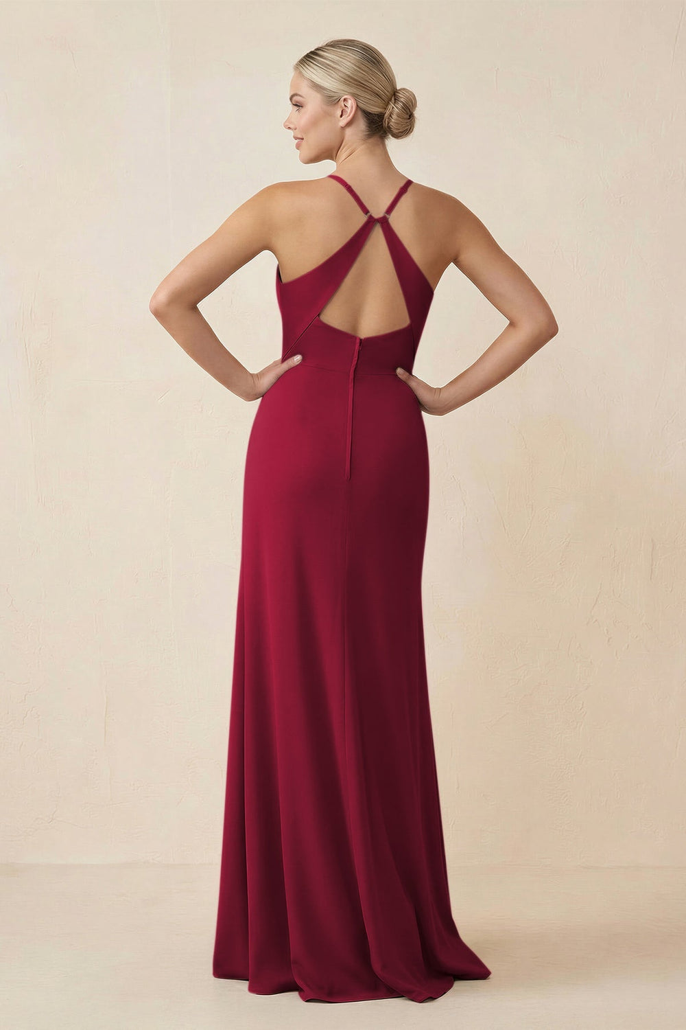 Cami Strap Sheath Ruched Bridesmaid Dress With Slit in Berry - KISS BRIDAL Bridesmaid Dresses
