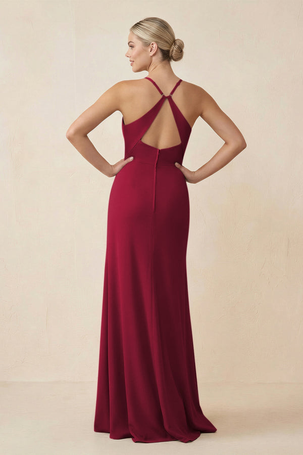 Cami Strap Sheath Ruched Bridesmaid Dress With Slit in Berry - SHE IS ME Bridesmaid Dresses