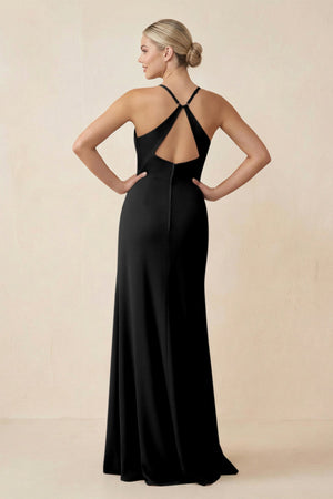 Cami Strap Sheath Ruched Bridesmaid Dress With Slit in Black - SHE IS ME Bridesmaid Dresses