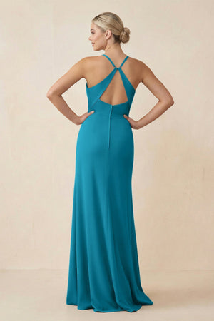 Cami Strap Sheath Ruched Bridesmaid Dress With Slit in Blue Jay - SHE IS ME Bridesmaid Dresses