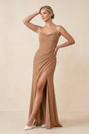 Cami Strap Sheath Ruched Bridesmaid Dress With Slit in Bronzer - SHE IS ME Bridesmaid Dresses