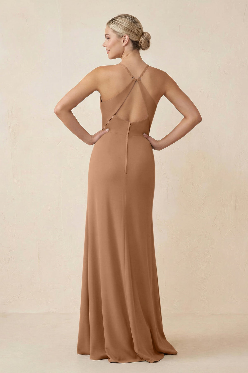 Cami Strap Sheath Ruched Bridesmaid Dress With Slit in Bronzer - KISS BRIDAL Bridesmaid Dresses