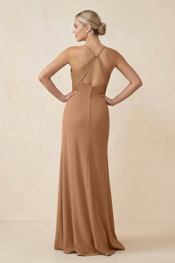 Cami Strap Sheath Ruched Bridesmaid Dress With Slit in Bronzer - SHE IS ME Bridesmaid Dresses